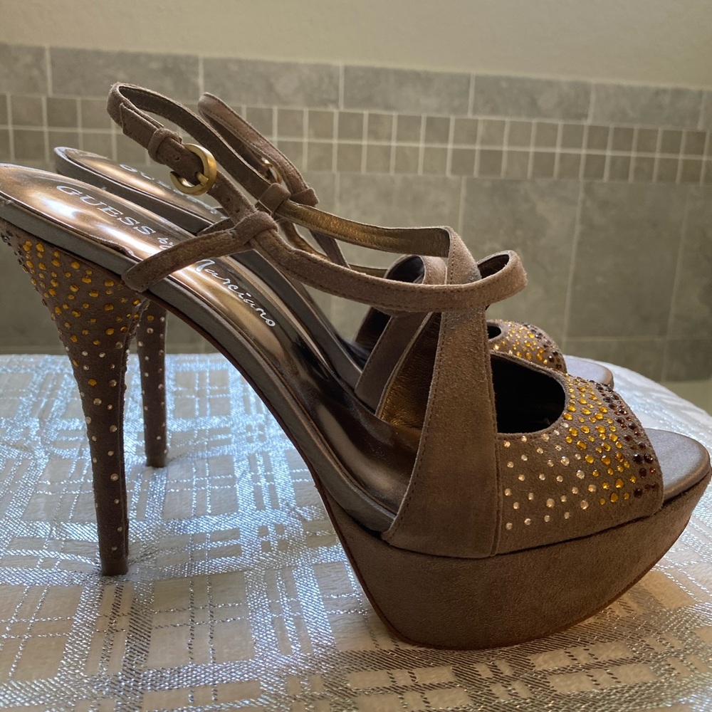 Guess Marciano Browns Platform Crystal Stud Heels